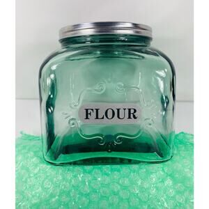 Vintage GREEN Glass Flour Storage Kitchen Container with Lid